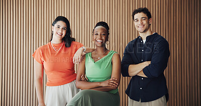Buy stock photo Portrait, creative and team with arms crossed in office for journalist with opportunity, about us and ambition. Confident, reporter and happy people with smile for career development, media or press