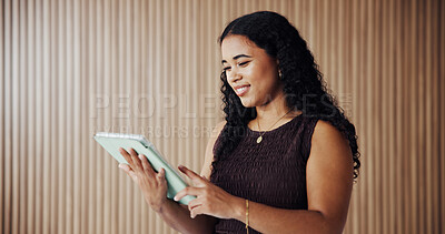 Buy stock photo Woman, smile and scroll in office with tablet, good news and feedback for digital marketing project. Person, reading and email in workplace with tech, campaign and happy for online advertising goal.