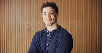 Buy stock photo Portrait, creative and man with smile in office for journalist with opportunity, about us and ambition. Confident, reporter and happy person with newsroom for career development, media and space