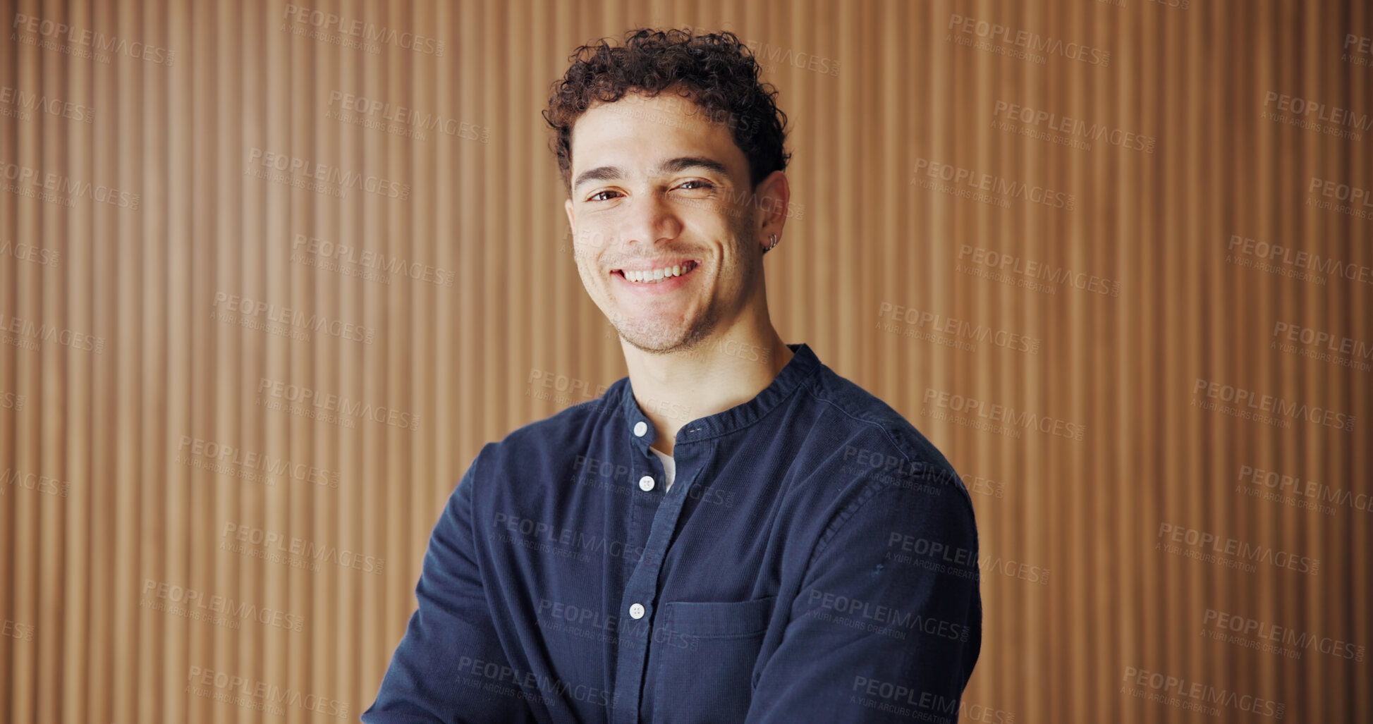 Buy stock photo Portrait, creative and man with smile in office for journalist with opportunity, about us and ambition. Confident, reporter and happy person with newsroom for career development, media and space