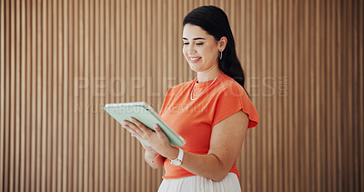 Buy stock photo Woman, smile and research in office with tablet, good news and feedback for digital marketing project. Space, happy person and review campaign in workplace with tech, email or online advertising goal