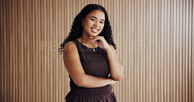 Buy stock photo Portrait, creative and woman with space in agency for journalist with opportunity, about us and ambition. Confident, reporter and happy person with office for career development, media and mockup