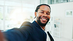 Smile, business and black man with selfie in office for photography, social media and post. Portrait, male person and pov for profile picture update, corporate blog and positive attitude for memory