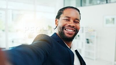 Buy stock photo Smile, business and black man with selfie in office for photography, social media and post. Portrait, male person and pov for profile picture update, corporate blog and positive attitude for memory