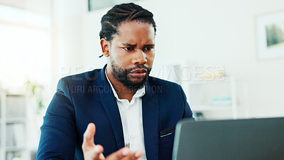 Buy stock photo Confused, black man and business with laptop in office for bad news, accounting and finance mistake. Frustrated, person and tech for website glitch, bookkeeping issue and audit or review disaster
