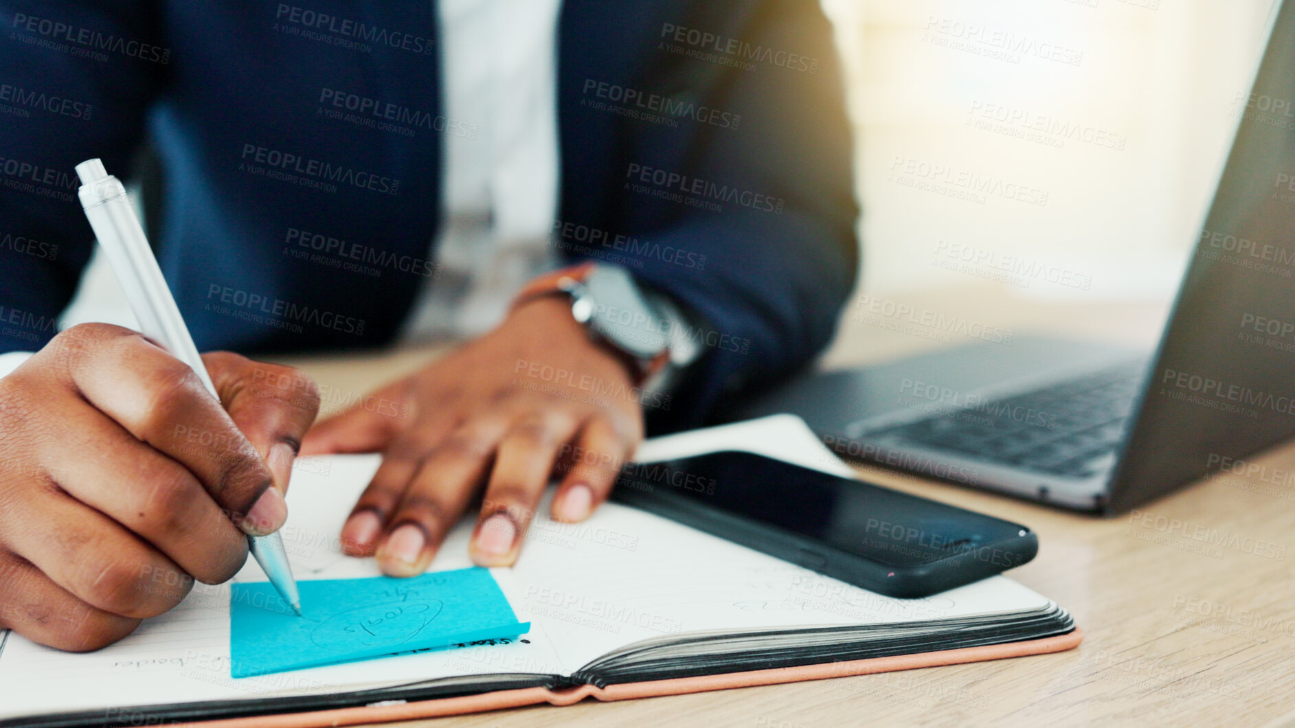 Buy stock photo Sticky note, notebook and hands of businessman in office writing information for finance report. Cellphone, laptop and male financial manager with research for online investment proposal in workplace