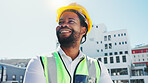 Thinking, construction and black man in city for planning, inspection and building renovation. Architecture, civil engineer and person with ideas for infrastructure, urban development and remodeling