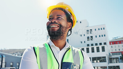 Buy stock photo Thinking, construction and black man in city for planning, inspection and building renovation. Architecture, civil engineer and person with ideas for infrastructure, urban development and remodeling