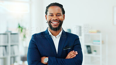 Buy stock photo Portrait, business and black man with arms crossed in office for career pride, about us and real estate. Smile, male person and consultant with confidence, realtor experience and property development