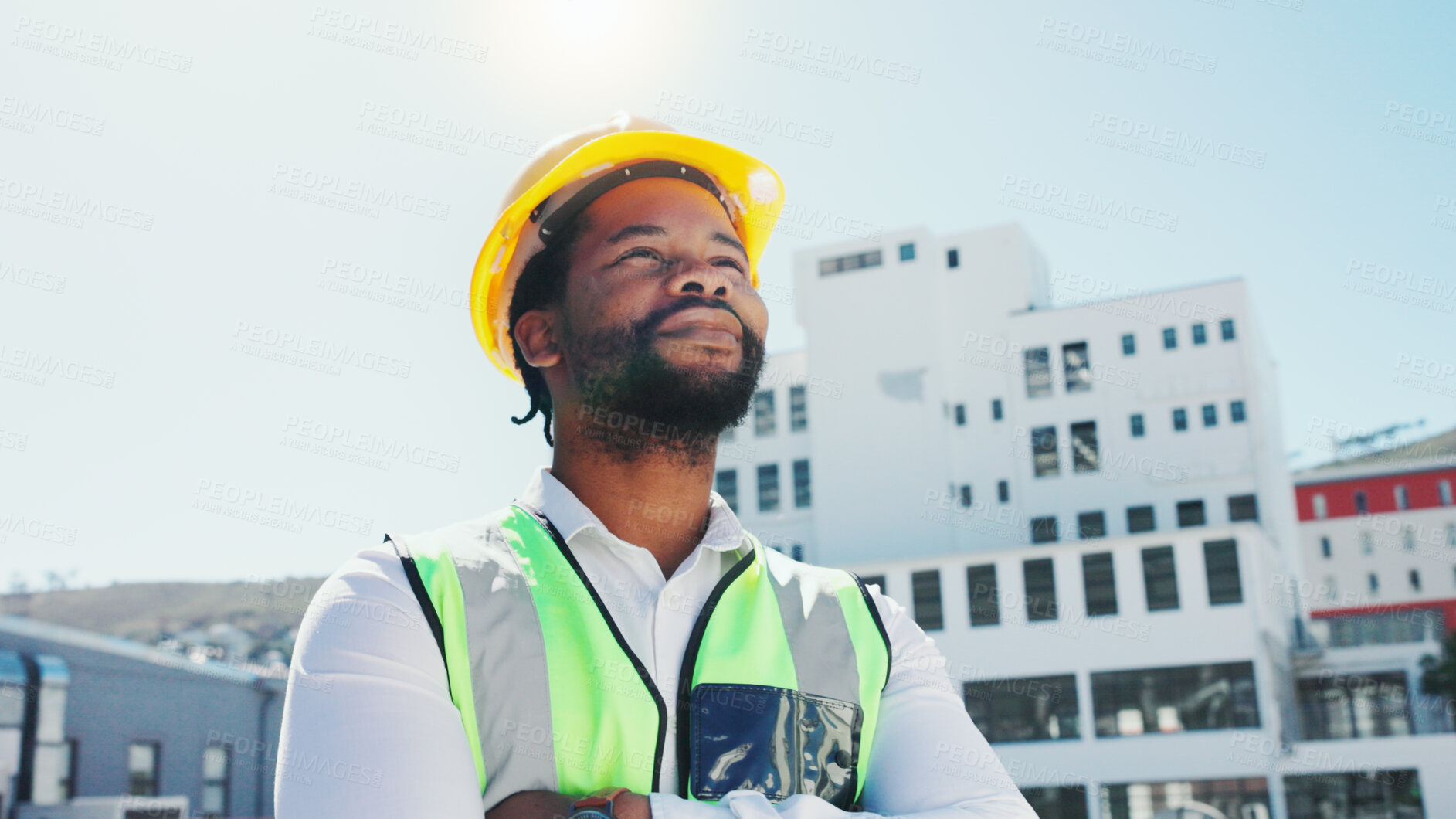 Buy stock photo Thinking, construction and black man in city for building project, inspection and planning. Architecture, civil engineer and person with ideas for infrastructure, urban development and remodeling