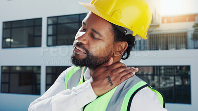 Buy stock photo Black man, architect and neck pain with injury in city for stress, discomfort or accident. Male person, civil engineer or contractor with sore shoulder for muscle tension, fibromyalgia or mistake