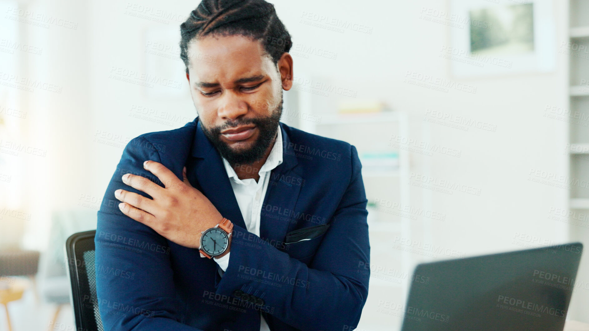 Buy stock photo Business, black man and shoulder pain in office with bad posture, muscle strain and burnout. Person, discomfort and frustrated with joint sprain, overworked employee and injury or inflammation