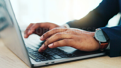 Buy stock photo Business person, hands or accountant typing with laptop or watch for financial planning or schedule. Closeup, employee or accounting with computer or wristwatch for time management or email in office