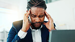 Business, black man and frustrated in office with headache, laptop and stress with burnout. Person, discomfort and tension or fatigue with risk management, overworked employee and mistake or migraine
