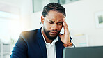 Business, black man and laptop in office with headache, frustrated and stress with burnout. Person, discomfort and tension or fatigue with risk management, overworked employee and mistake or migraine