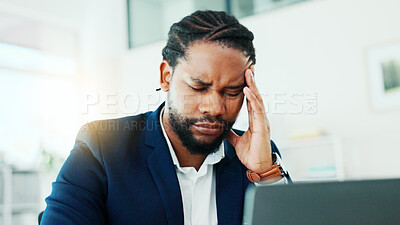 Buy stock photo Business, black man and laptop in office with headache, accountant and stress with burnout. Person, discomfort and tension or fatigue with risk management, overworked employee and mistake or migraine