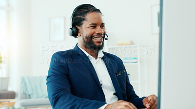 Buy stock photo Happy, black man and consultant with headset on computer for online finance advice in office. Businessman, agent or financial advisor with smile or mic for virtual assistance or support in workplace