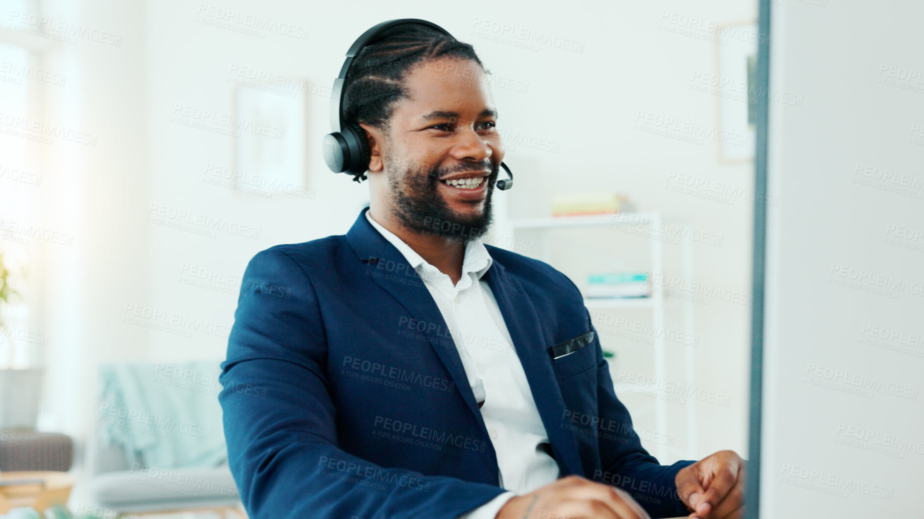 Buy stock photo Happy, black man and consultant with headset on computer for online finance advice in office. Businessman, agent or financial advisor with smile or mic for virtual assistance or support in workplace