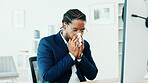 Sick, black man and blowing nose with tissue in office for influenza, hayfever or sinus. Businessman, flu or cold with toilet paper, allergy or illness for bacteria, germs or disease in workplace