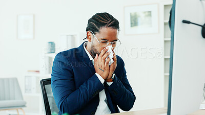 Buy stock photo Sick, black man and blowing nose with tissue in office for influenza, hayfever or sinus. Businessman, flu or cold with toilet paper, allergy or illness for bacteria, germs or disease in workplace
