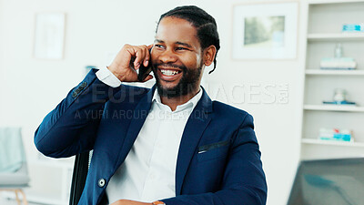 Buy stock photo Business, phone call and smile with black man in office for finance research, planning or laptop. Tech, conversation and update with happy employee in financial workplace for wealth management