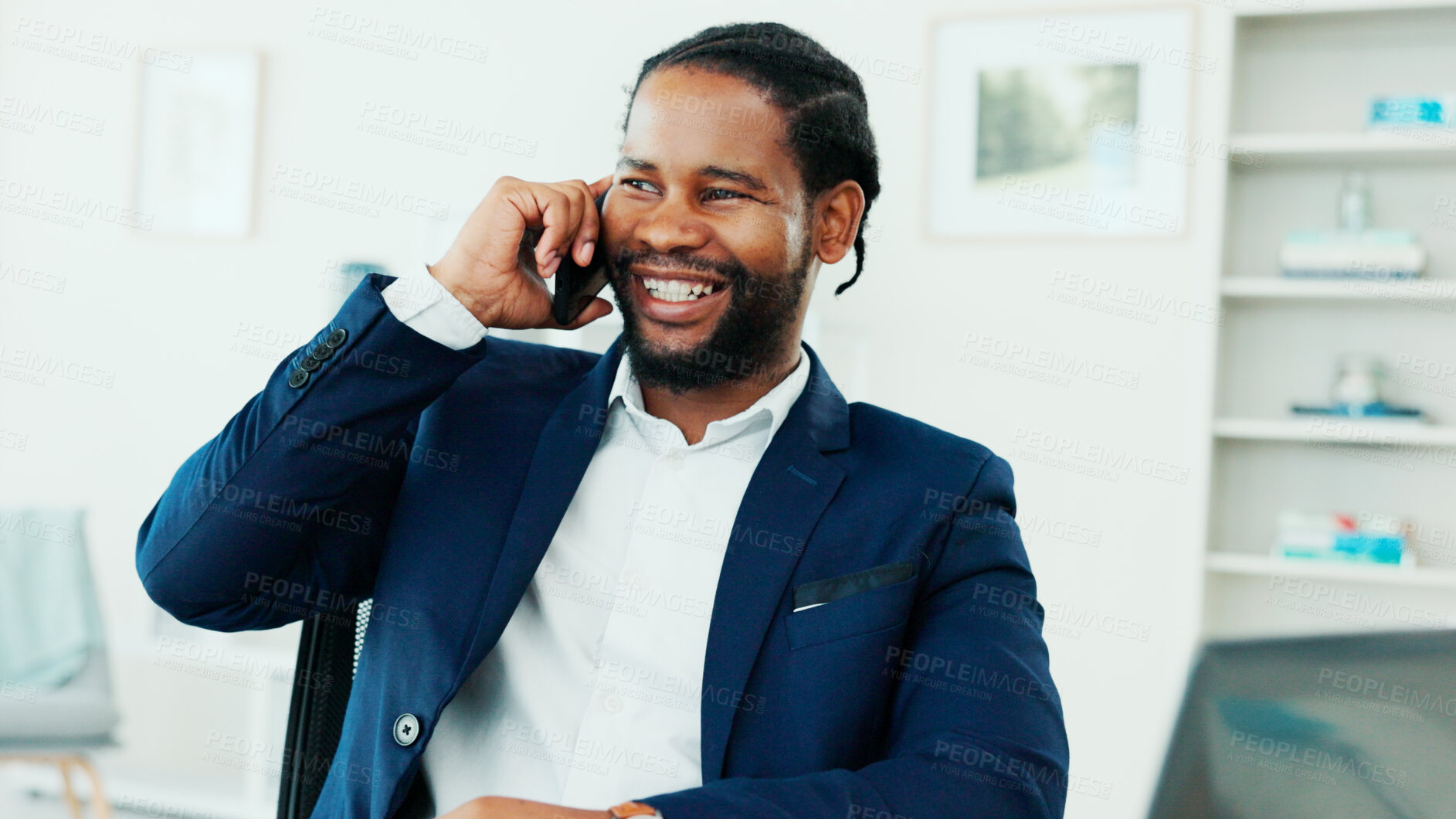 Buy stock photo Business, phone call and smile with black man in office for finance research, planning or laptop. Tech, conversation and update with happy employee in financial workplace for wealth management