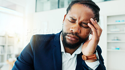 Buy stock photo Business, black man and frustrated in office with headache, accountant or stress migraine with burnout. Person, discomfort and tension fatigue with risk management, overworked employee and mistake
