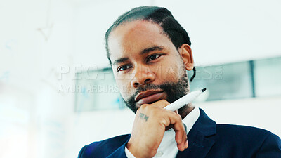 Buy stock photo Thinking, decision and black man in office for planning, finance or investment for project. Glass wall, reflection and financial manager with choice for business, career development or opportunity