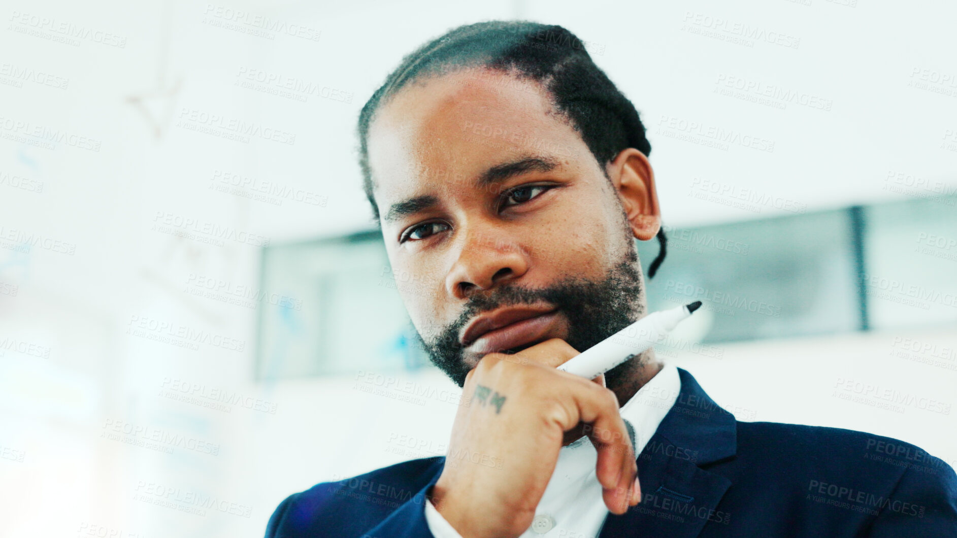 Buy stock photo Thinking, decision and black man in office for planning, finance or investment for project. Glass wall, reflection and financial manager with choice for business, career development or opportunity
