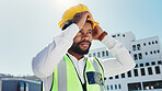 Thinking, construction and black man with helmet in city for planning, inspection and building. Architecture, civil engineer and person with ideas for infrastructure, urban development and remodeling