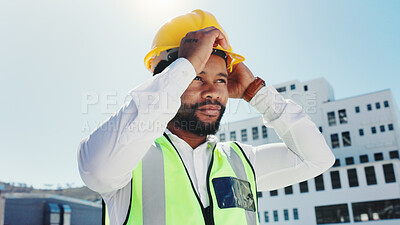 Buy stock photo Thinking, construction and black man with helmet in city for planning, inspection and building. Architecture, civil engineer and person with ideas for infrastructure, urban development and remodeling