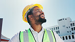 Thinking, construction and happy black man in city for planning, inspection and building. Architecture, civil engineer and person with ideas for infrastructure, urban development and remodeling