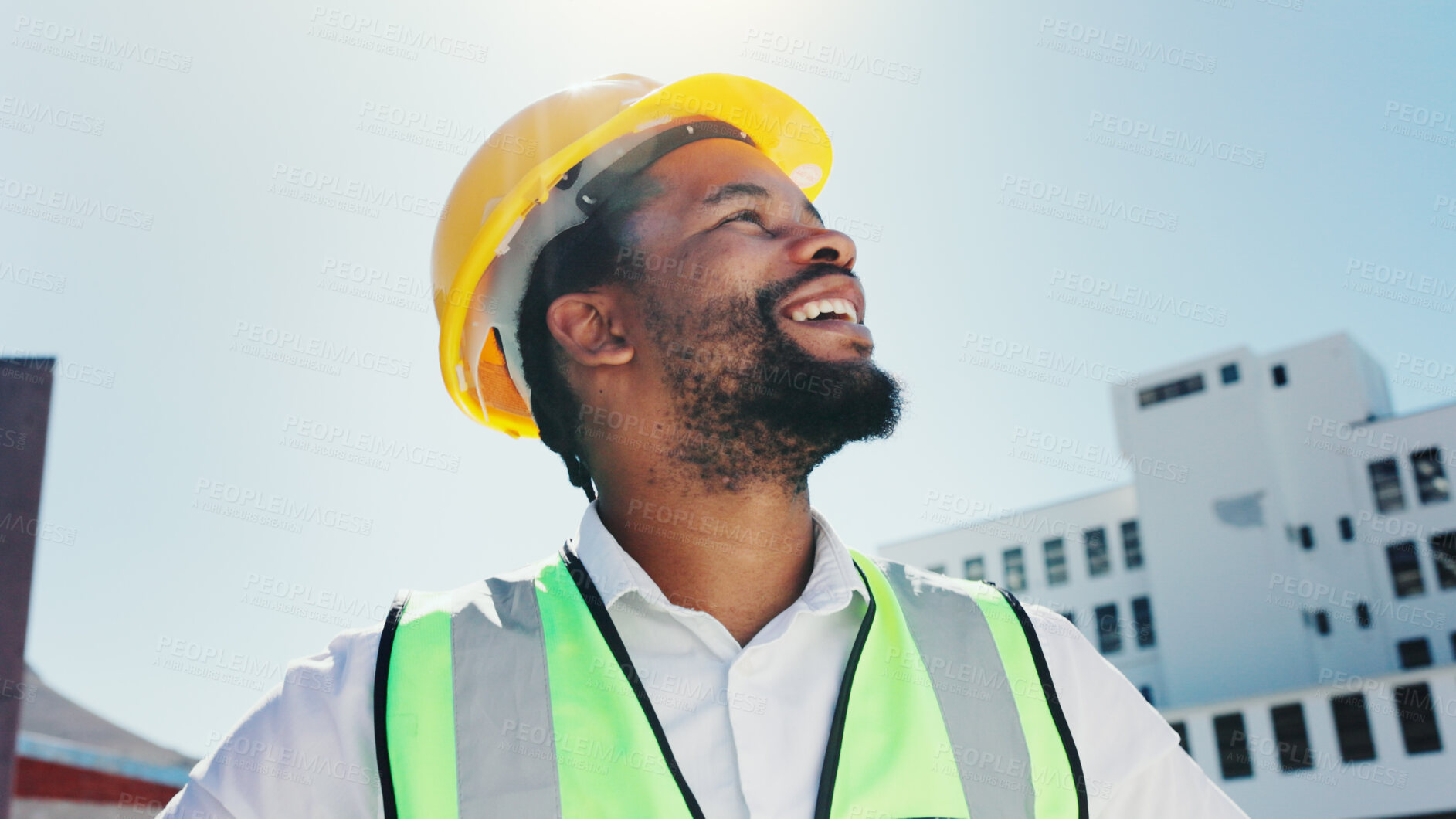 Buy stock photo Thinking, construction and happy black man in city for planning, inspection and building. Architecture, civil engineer and person with ideas for infrastructure, urban development and remodeling