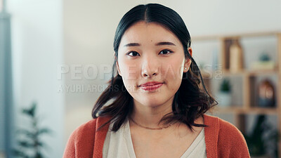 Buy stock photo Happy, calm and portrait of Asian woman in home with positive attitude, good mood and confidence. Homeowner, apartment and person in living room for peace on break, weekend and relax for me time