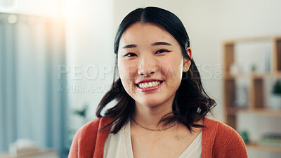 Buy stock photo Happy, smile and portrait of Asian woman in home with positive attitude, good mood and confidence. Homeowner, apartment and person in living room for calm on break, weekend and relax for me time