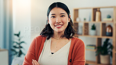 Buy stock photo Happy, confidence and portrait of Asian woman in home with positive attitude, good mood and smile. Homeowner, apartment and person in living room for calm on break, weekend and relax for me time
