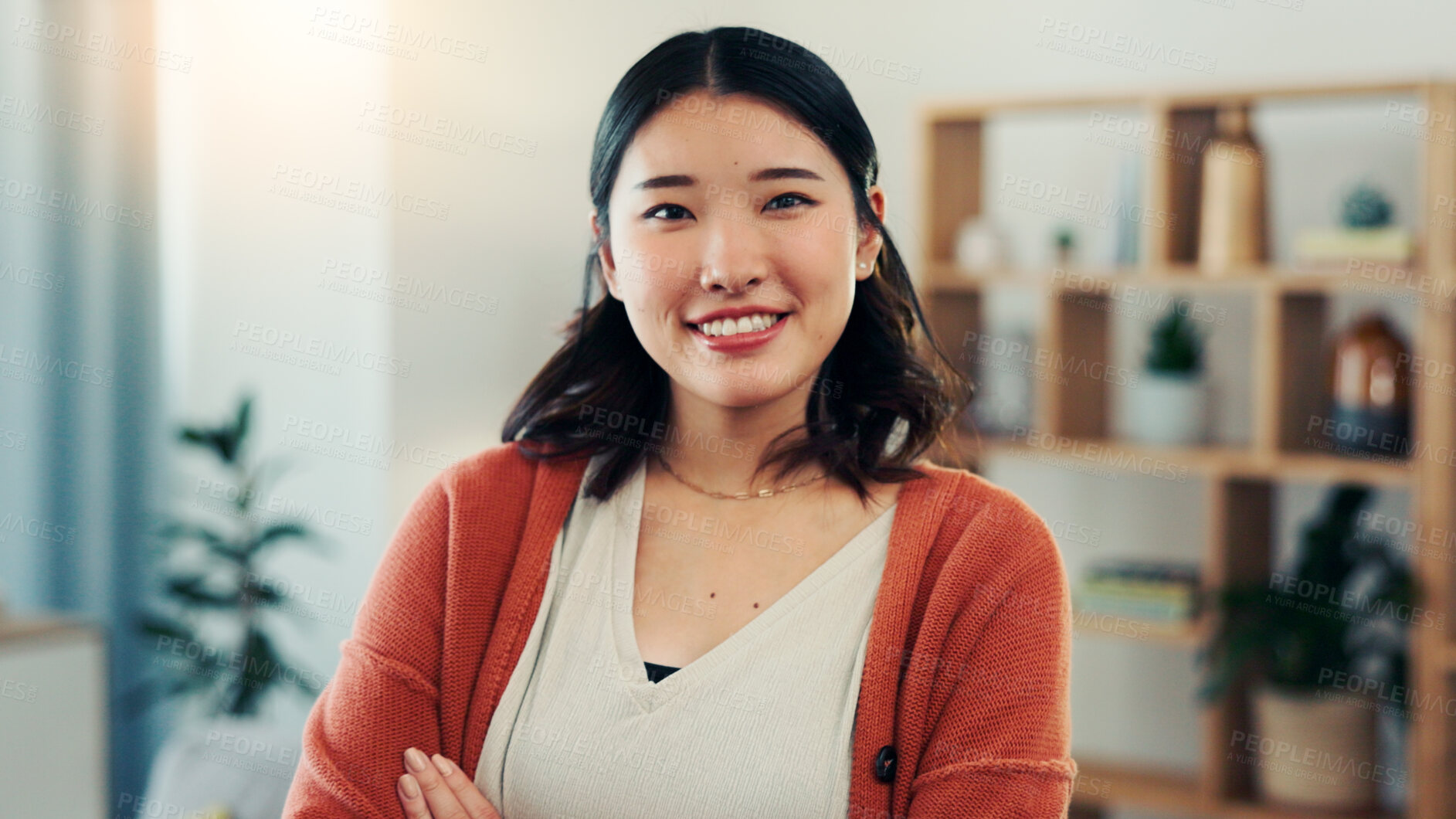 Buy stock photo Happy, confidence and portrait of Asian woman in home with positive attitude, good mood and smile. Homeowner, apartment and person in living room for calm on break, weekend and relax for me time