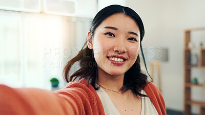 Buy stock photo Happy woman, portrait and selfie on break in house, profile picture and memory for social media post. Influencer, online and Asian person with smile for image, photography or vlog for website in home