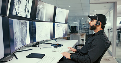 Buy stock photo Security guard, man and computer in control room, inspection for video surveillance agency. Headset, officer and person in workplace, screen and monitor for building protection, camera and footage