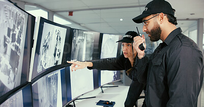Buy stock photo Security, control room and people with radio by monitor for communication, surveillance or report. Safety officer, computer screen and team point or talk about property breach, inspection or dispatch