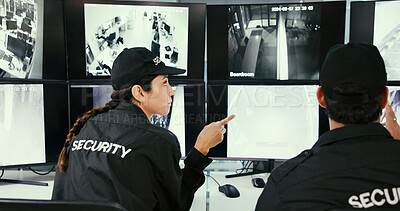 Buy stock photo Team, talk and security guard in control room for video surveillance, observation or safety compliance. Law enforcement, people and discussion in workplace for crime prevention, monitor CCTV or plan.