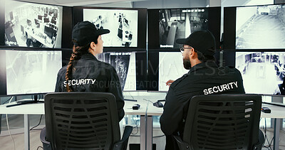 Buy stock photo Back, people and security guard in control room for video surveillance, collaboration or safety plan. Law enforcement, officer and team in workplace for crime prevention, monitor CCTV and discussion.