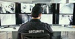 Back, man and security guard in control room for surveillance, video supervision or safety compliance. Law enforcement, officer and person in workplace for crime prevention, monitor CCTV and footage.