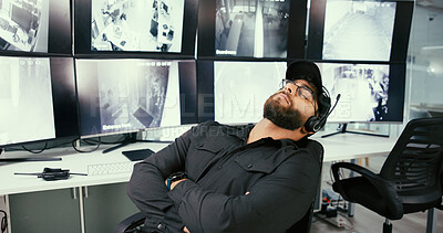 Buy stock photo Man, security and sleep in control room with monitor for job, tired and exhausted with overtime. Person, surveillance technician and safety worker with fatigue, burnout or screen for crime prevention