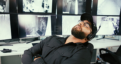 Buy stock photo Man, security and sleep in control room with screen for job, tired and exhausted with overtime. Person, surveillance and safety professional with fatigue, burnout and monitor for crime prevention