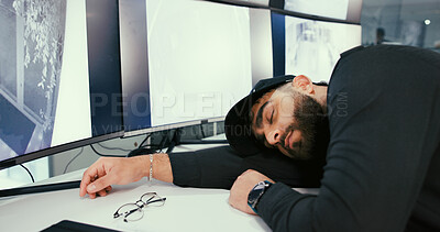 Buy stock photo Man, security guard and sleep in control room with screen for job, tired and exhausted with overtime. Person, surveillance and safety officer with fatigue, burnout and monitor for crime prevention