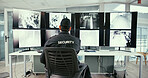 Man, security guard and monitor in control room for safety, back or display for video analysis job. Person, surveillance officer and footage for review, computer or screen for crime prevention career