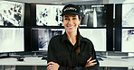 Security guard, monitor or woman with arms crossed for portrait, camera surveillance or crime prevention. Smile, computer screen or mature officer with cctv in control room, pride or property safety