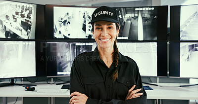 Buy stock photo Security guard, monitor or woman with arms crossed for portrait, camera surveillance or crime prevention. Smile, computer screen or mature officer with cctv in control room, pride or property safety