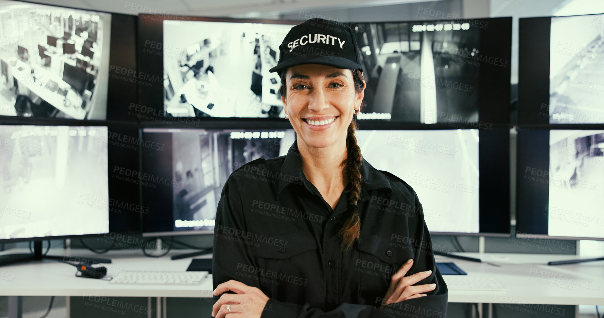 Buy stock photo Security guard, monitor or woman with arms crossed for portrait, camera surveillance or crime prevention. Smile, computer screen or mature officer with cctv in control room, pride or property safety
